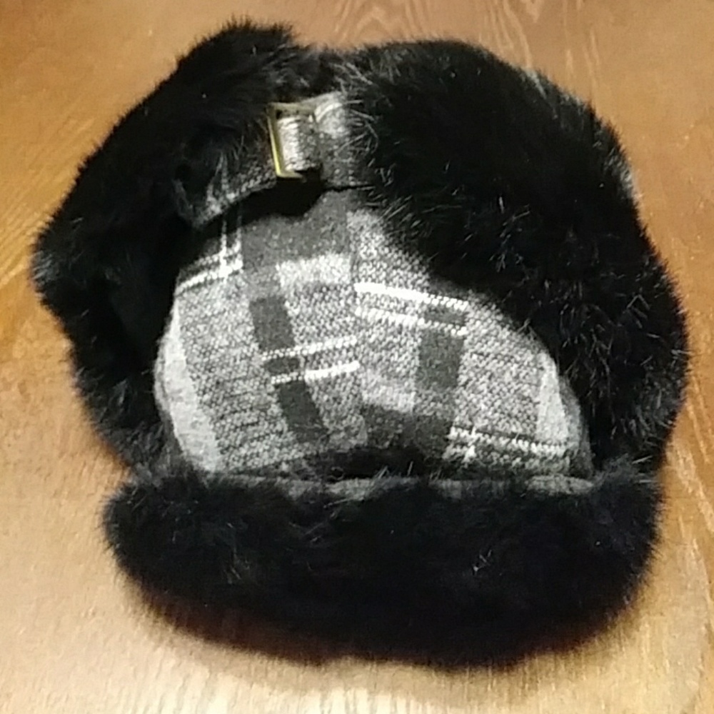 Black Plaid Wool and Rabbit Fur Hat